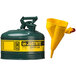 A green Justrite safety can with a yellow funnel.