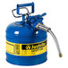 A blue Justrite safety can with a metal hose.
