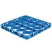 A blue plastic container with holes designed to extend a Carlisle glass rack.