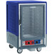 A blue and silver Metro C5 heated holding and proofing cabinet on wheels.