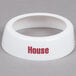 A white plastic collar with maroon text.