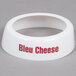 A white plastic Tablecraft salad dressing dispenser collar with maroon text reading "Blue Cheese"