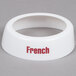 A white plastic Tablecraft collar with maroon lettering.