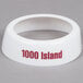 A white plastic Tablecraft salad dressing dispenser collar with maroon lettering reading "100 Island"