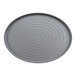 A round gray oval platter with a circular pattern on it.