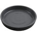 A grey melamine plate with a black rim.