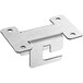 A stainless steel metal hinge component with holes.