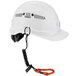 An Ergodyne Squids tool tethering kit attached to a white hard hat.