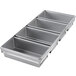 A Chicago Metallic aluminized steel rectangular bread loaf pan with four compartments.