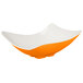 A white melamine bowl with orange and white wavy design.