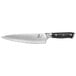 A Mercer Culinary Damascus chef knife with a black handle.