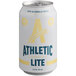 A close up of a white Athletic Lite beer can with yellow and blue label.