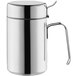 A silver stainless steel oil container with a pourer and handle.