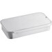 A silver rectangular metal tin with a slide top lid.