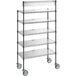 A black metal shelving unit with wheels.