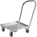 An aluminum ice tote dolly with black wheels.