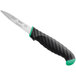 A Schraf serrated paring knife with a green TPRgrip handle and a black blade.
