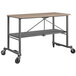A Cosco portable folding workbench with wheels.