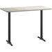 A white rectangular Lancaster Table & Seating bar table top with a gray edge on a black table base.