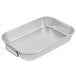 A silver rectangular aluminum Vollrath baking and roasting pan with handles.