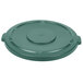 A green plastic lid for a Rubbermaid BRUTE round trash can.