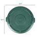 A green circular plastic lid for a Rubbermaid BRUTE trash can with measurements.