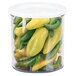 A close-up of a white Cambro lid on a clear crock with yellow and green peppers inside.