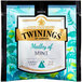 A blue and green Twinings packet with gold text and a close up of a label for Twinings Medley of Mint Large Leaf Pyramid Tea Sachets.
