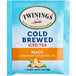 A blue box of Twinings Peach Cold Brewed Iced Tea Bags with a close-up of a peach.