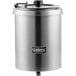 A Galaxy stainless steel countertop soup warmer with a black lid.
