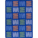 A multicolored rectangular area rug with blue, white, and orange lines.