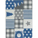 A blue and white rectangular area rug with a bear and stars in different patterns.