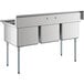 A Regency stainless steel three compartment sink on galvanized steel legs.