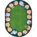 A multicolored oval area rug with a green border and a nature design on it.