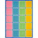 A pastel area rug with colorful squares and a blue border.