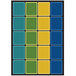 A colorful rectangular area rug with squares in different colors and a black border.