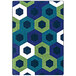 A violet rectangle area rug with blue and green hexagons and white accents.