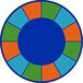 A close up of a Joy Carpets multicolored circular rug with blue and green squares and orange lines.