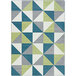 A Joy Carpets Claremont Kids Calypso area rug with a pattern of green, grey, and blue triangles.