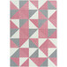 A pink and grey rectangular area rug with triangle patterns.