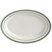 Tuxton TGB-039 Green Bay 13 1/2" x 9" Eggshell Wide Rim Rolled Edge Oval China Platter with Green Bands - 12/Case Main Thumbnail 3