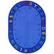 A multicolored oval area rug with letters and numbers in blue.