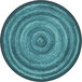 A teal round area rug with a blue spiral pattern.