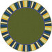 A round green rug with blue and yellow stripes.