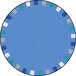 A round blue rug with white and grey squares on a blue border.