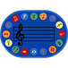 A blue oval rug with music notes and colorful circles.