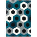 A blue rectangle area rug with hexagons in blue, black, and grey.