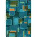 A blue and orange rectangular area rug with square patterns in blue, green, and citrus colors.