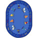 A blue oval rug with sailboats and letters in blue, orange, and green.