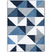 A close up of a Joy Carpets rectangular area rug with blue and grey triangles.